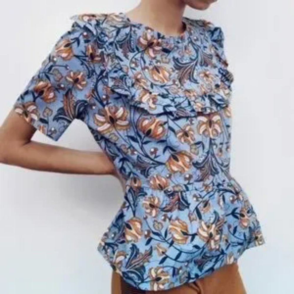Zara Ruffle Bib Peplum 100% Cotton Top Blue W/ Orange & Navy Floral Sz‎ L- NWT